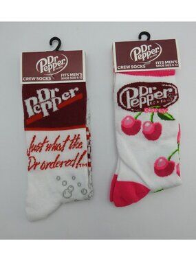 Dr Pepper Crew Socks 2 Pair Pack Cherries Soda Novelty Men's 6-12